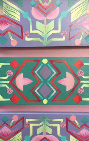 Drawer fronts painted with colorful geometric designs