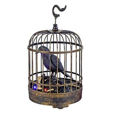 Black raven bird with light up eyes in a faux metal bird cage.