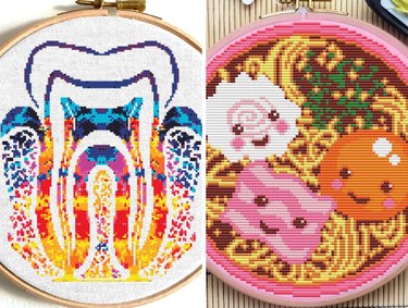 Side-by-side collage of abstract rainbow tooth cross-stitch and colorful ramen cross-stitch