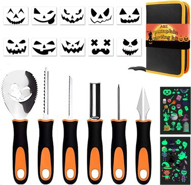 Pumpkin carving tools, stencils, glow-in-the-dark stickers and a carrying case.