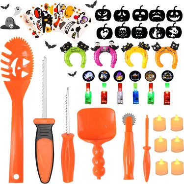 Pumpkin carving kit with tools, LED candles, stickers and stencils