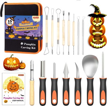 15 pumpkin carving tools (including precision tools) and a carrying case that zippers shut.