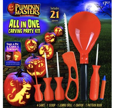 6t pumpkin carving tools, a blue crayon, and a pattern book.