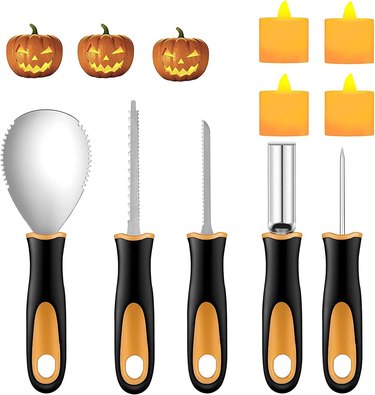 Five metal pumpkin carving tools with comfortable-grip handles and four orange LED lights.