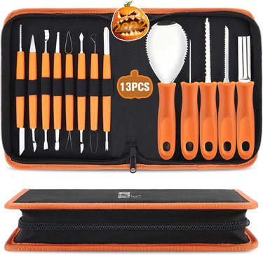 Thirteen pumpkin carving tools in a black and orange case.