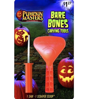 Two plastic pumpkin carving tools, one scoop and one carver.