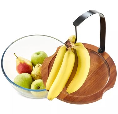 glass and wood fruit bowl produce saver with banana hook