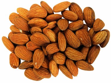 close-up of unpeeled almonds