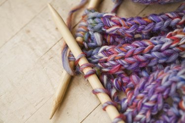 Close-up of knitting needles and yarn