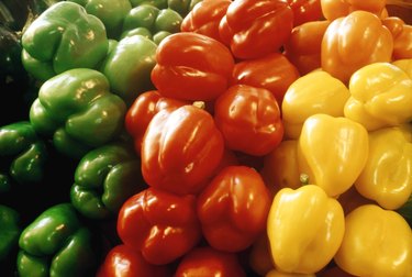 Red, yellow and green peppers