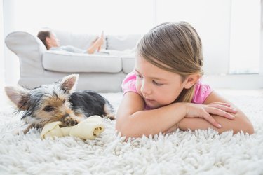 Little girl lying on rug with yorkshire terrier