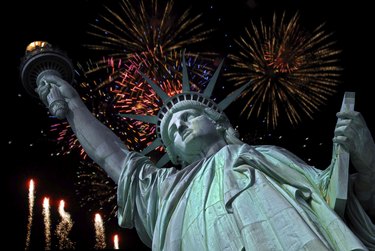 Statue of Liberty in New York and fireworks