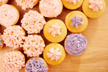 High angle view of fresh cupcakes on table