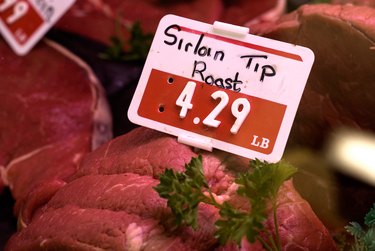 Close-up of price tag for sirloin tip roast