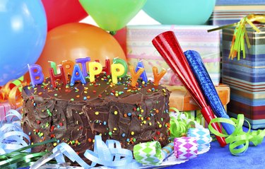 Happy Birthday Cake,balloons, gifts.