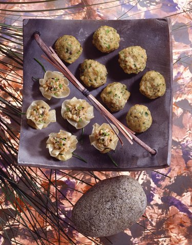 Pork and shrimp balls and wonton blossoms