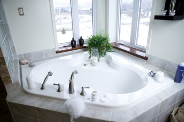 High angle view of spa tub in bathroom