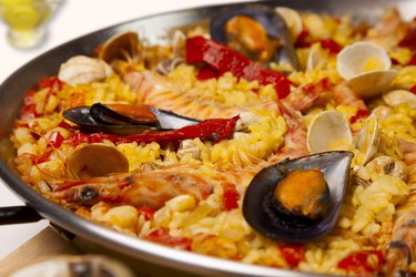 Spanish seafood rice paella, close up