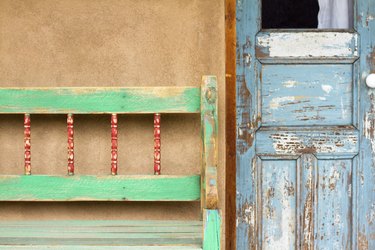 Santa Fe Style: Rustic Porch, Old Blue Door, Adobe Wall