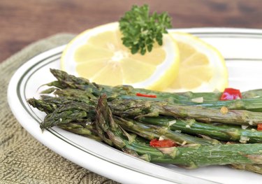 Roasted asparagus, macro with selective focus.