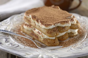 Tiramisu on a plate, Closeup view