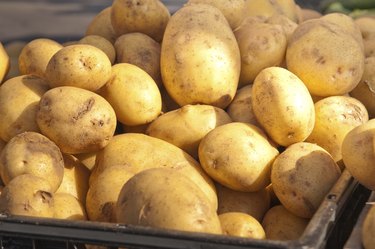 Closeup of russet potatoes.