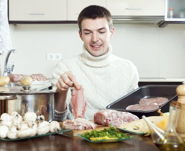 Steps of cooking french-style meat in roasting pan.