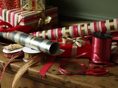 Pile of Christmas wrapping, ribbon and tape