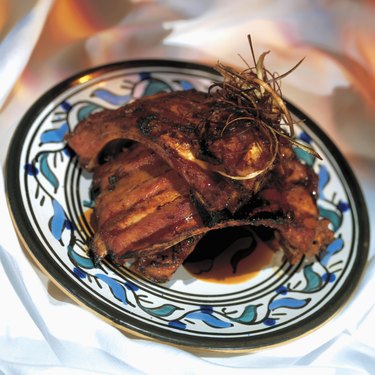 high angle view of racks of lamb served on a platter