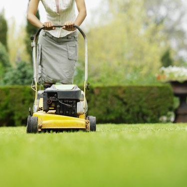 Close-up low section of woman cutting grass with lawn mower