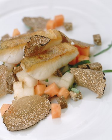 Truffle, seafood, mushroom and vegetable on plate, close-up