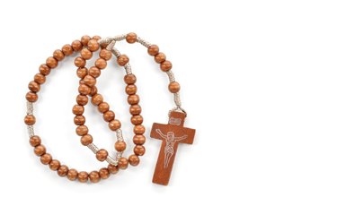 Wooden plain rosary on white background.