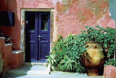 Potted plants outside a house, Santorini, Greece