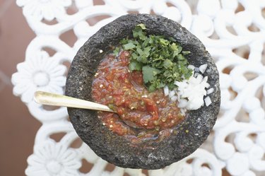 High angle view of a bowl of salsa