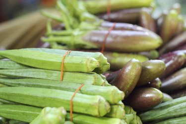 green okra pods fresh in the market.