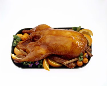 Glazed duck on platter with fruit