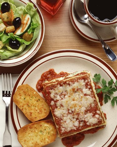 Lasagna , garlic bread and salad