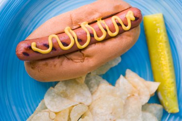 High angle view of hot dog with chips and pickle on plate