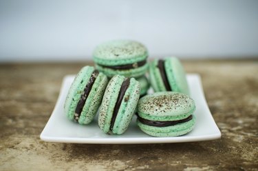 Choc mint macarons on a square plate