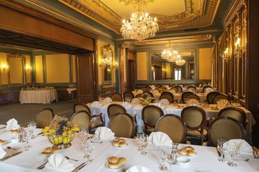 Elegant decorated wedding reception hall ready for guests