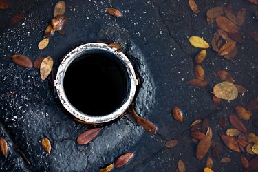 Leaves in puddle by drain