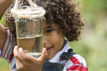 Curious boy outdoors with jar of water