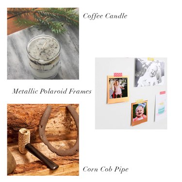 coffee candle, metallic polaroid frames and corn cob pipe