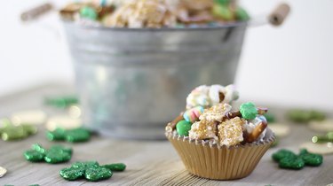 a gold cupcake liner filled with leprechaun munch