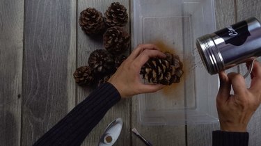 Sprinkling pinecones with ground cinnamon for DIY cinnamon-scented pinecones.