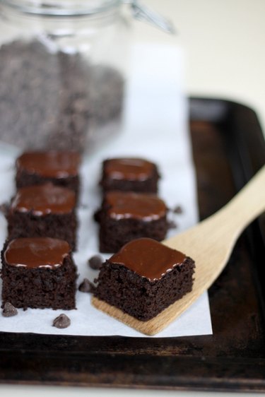 Healthy brownies with chocolate frosting.