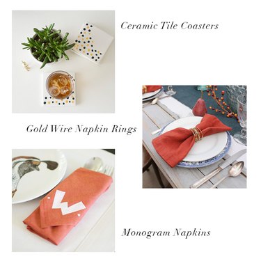 ceramic tile coasters, gold wire napkin rings, monogram napkins