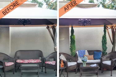 Before and after of patio cushions covered with canvas drop cloth