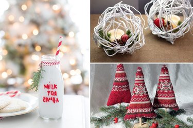 milk jar, twig balls, mini sweater christmas trees