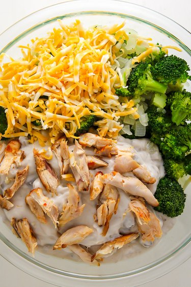 Combine the broccoli, cheese, chicken, soup, and rice.